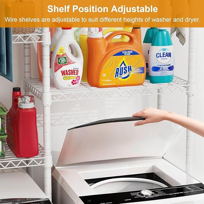 U14 Over Washer and Dryer Storage Shelves, 4 Tiers Laundry Room Storage and Organizer System, Space Saving Clothes Drying Rack with 2 Clothes Hanger Rods, 66.5