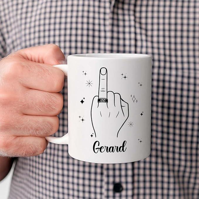 Customized Name Ring Finger Accent Coffee Mug Gift For Men Mr His Fiance Husband Groom, Ring Engaged Coffee Cup 11 Oz 15 Oz, Personalized White Mug Gift For Wedding Bridal Shower Bachelorette Party