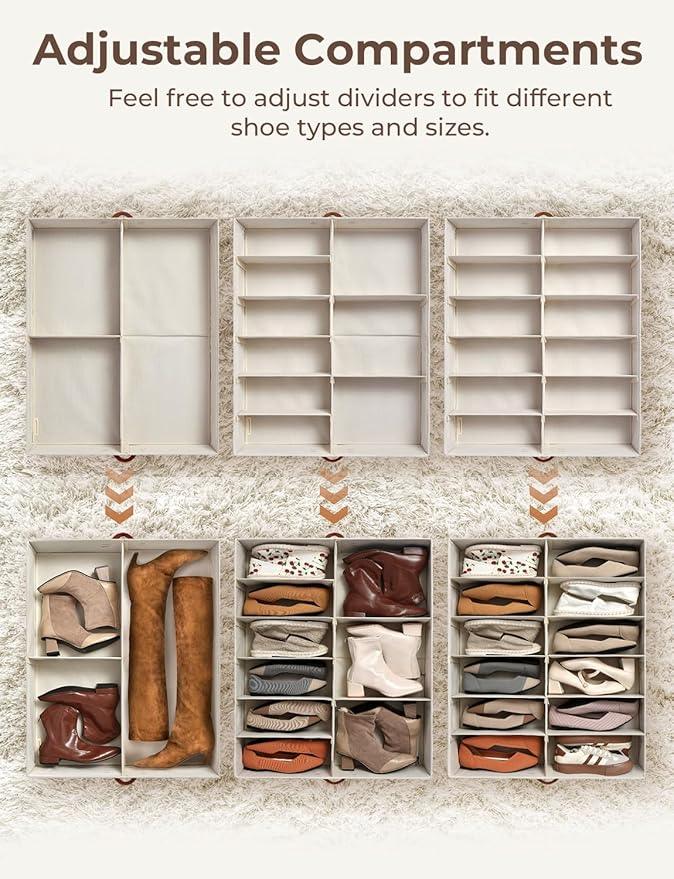 StorageWorks Shoe Organizer Under Bed for Closet, 2-Pack Ultra-thick Fabric Shoe Storage Containers with Bottom Support and Adjustable Dividers, Fits up to 24 Pairs, Beige