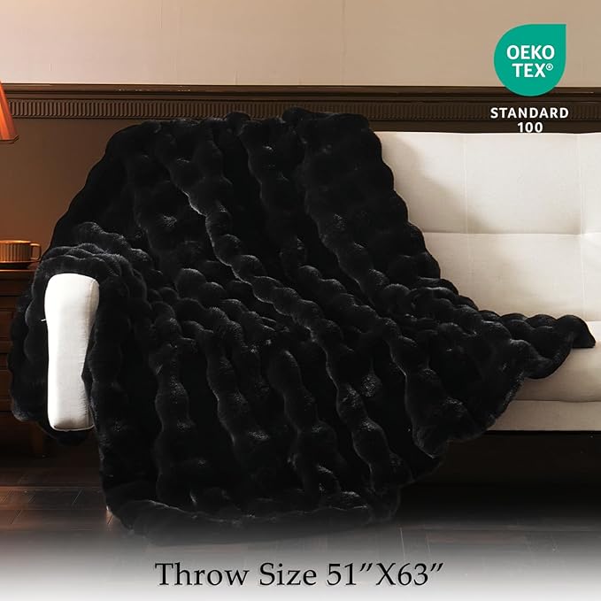 BENVWE Faux Fur Throw Blanket for Couch - Thickened Fluffy Soft Bubble Blanket for Living Room Home Decor - Fathers Day Birthday Gifts for Women Men, Black, 50
