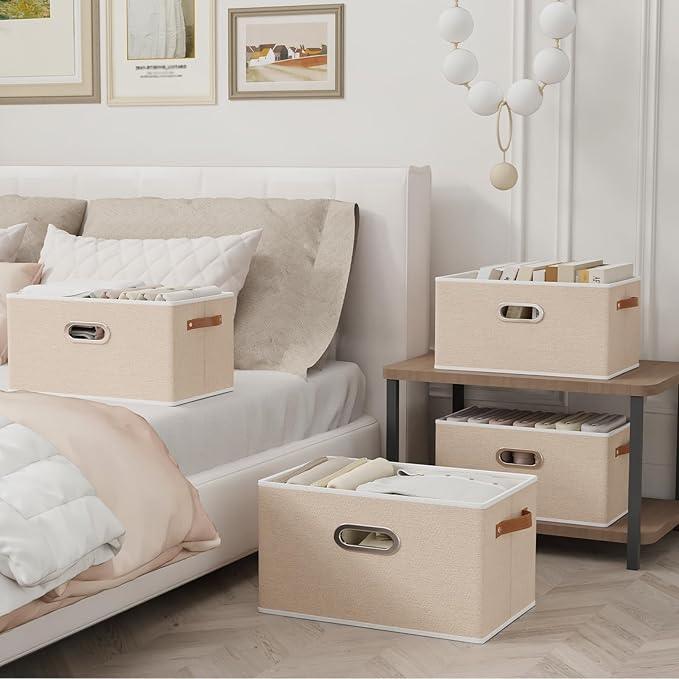 Yawinhe Collapsible Storage Box, Cube Storage Basket, Fabric Foldable Storage Bins Organizer Containers with Dual Leather Handles for Home Bedroom Closet Office,15.0 x 9.8 x 8.3 Inch, (Beige, 4-Pack)