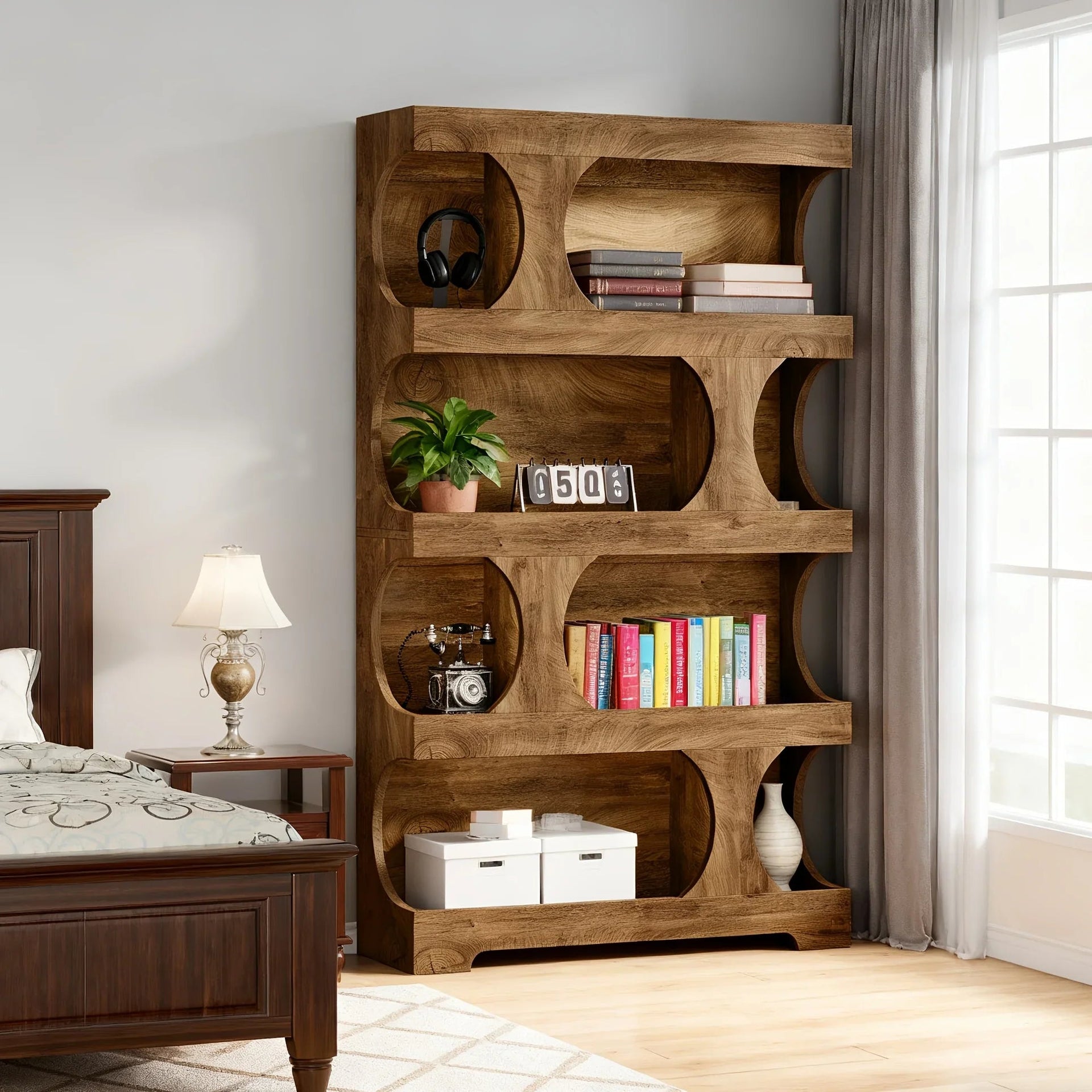 71-inch Tall 4-Tier Solid Hardwood Bookcase with Storage Shelves - Modern Freestanding Bookshelf, Natural Wood & / Painted Shelves, Sturdy Floor-Standing Design for Living Room, Bedroom, Home Office - Easy Assembly Required