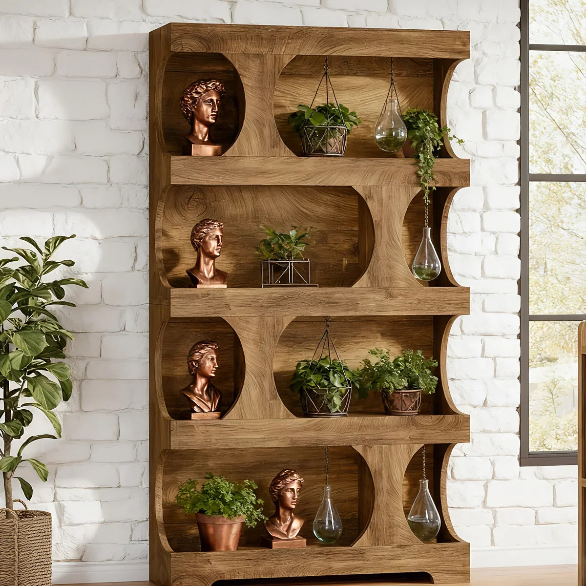 71-inch Tall 4-Tier Solid Hardwood Bookcase with Storage Shelves - Modern Freestanding Bookshelf, Natural Wood & / Painted Shelves, Sturdy Floor-Standing Design for Living Room, Bedroom, Home Office - Easy Assembly Required