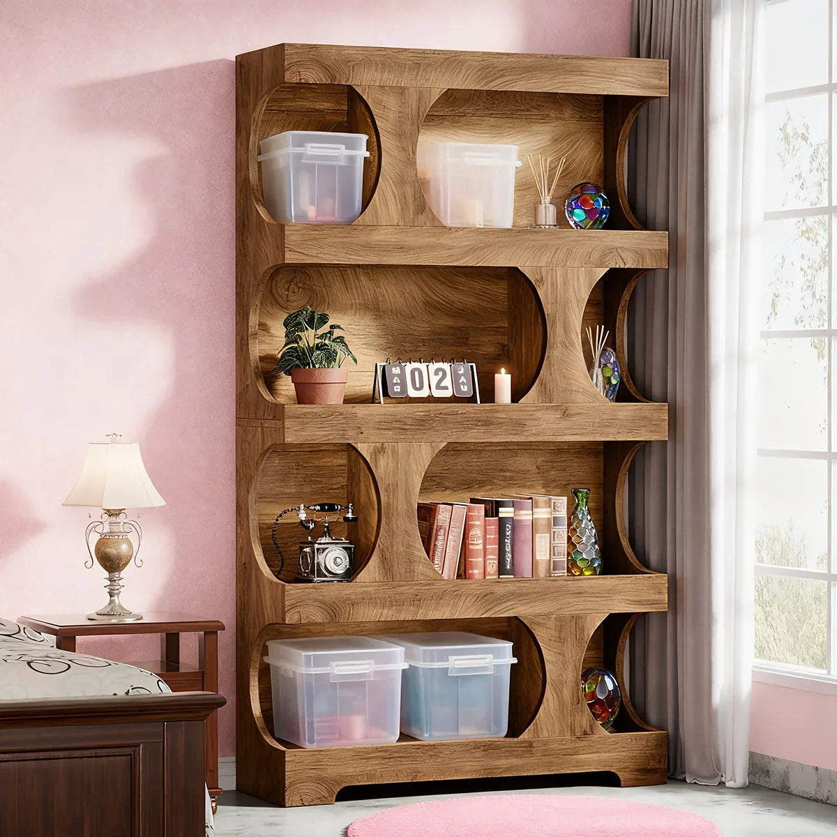 71-inch Tall 4-Tier Solid Hardwood Bookcase with Storage Shelves - Modern Freestanding Bookshelf, Natural Wood & / Painted Shelves, Sturdy Floor-Standing Design for Living Room, Bedroom, Home Office - Easy Assembly Required