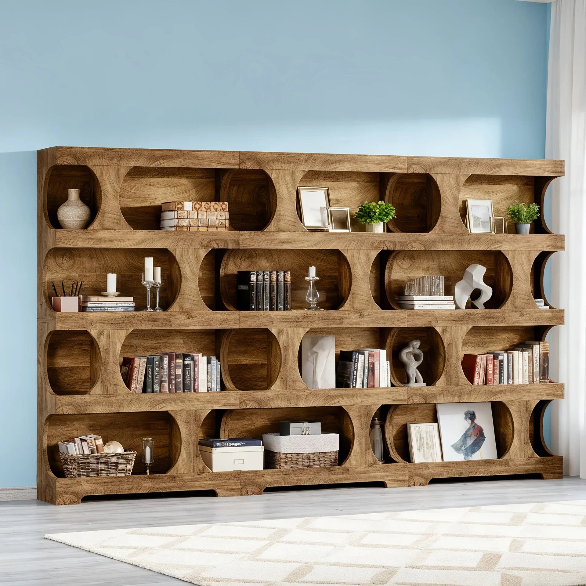 71-inch Tall 4-Tier Solid Hardwood Bookcase with Storage Shelves - Modern Freestanding Bookshelf, Natural Wood & / Painted Shelves, Sturdy Floor-Standing Design for Living Room, Bedroom, Home Office - Easy Assembly Required