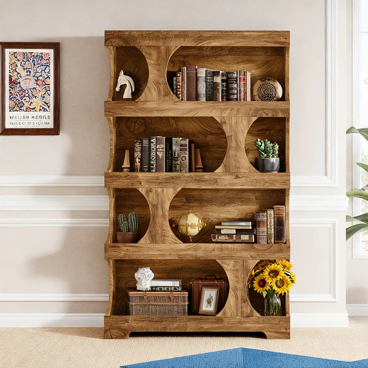 71-inch Tall 4-Tier Solid Hardwood Bookcase with Storage Shelves - Modern Freestanding Bookshelf, Natural Wood & / Painted Shelves, Sturdy Floor-Standing Design for Living Room, Bedroom, Home Office - Easy Assembly Required