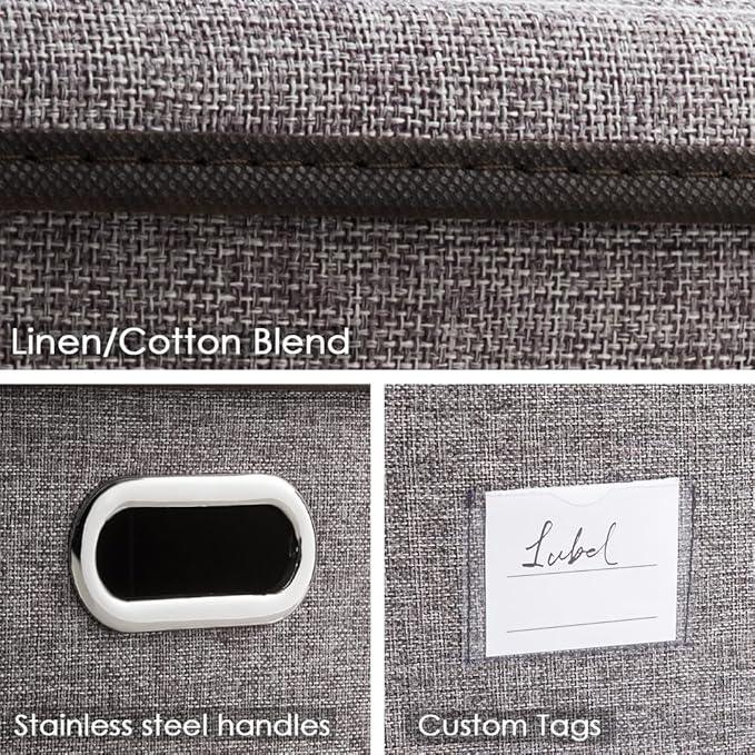 PRANDOM Storage Bins with Lids [3-Pack] Linen Fabric Foldable Storage Boxes Organizer Containers Baskets Cube with Cover for Home Bedroom Closet Office Nursery Grey（11.4X8.6X6.7