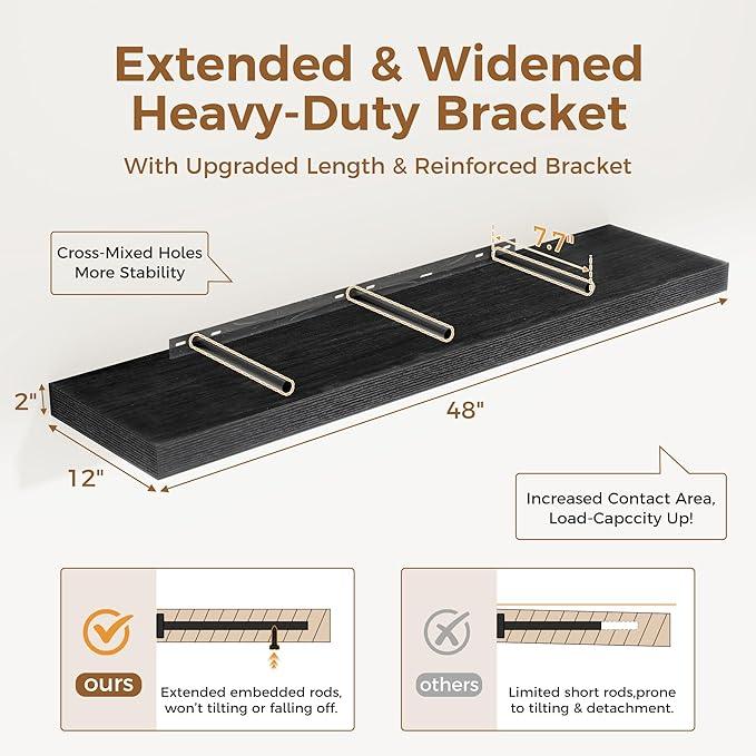 Black Floating Shelves 48 Inch Long, 12 Inch Deep Floating Shelves for Wall, 48 x 12 Large Wall Shelves for Home Storage & Display, 2