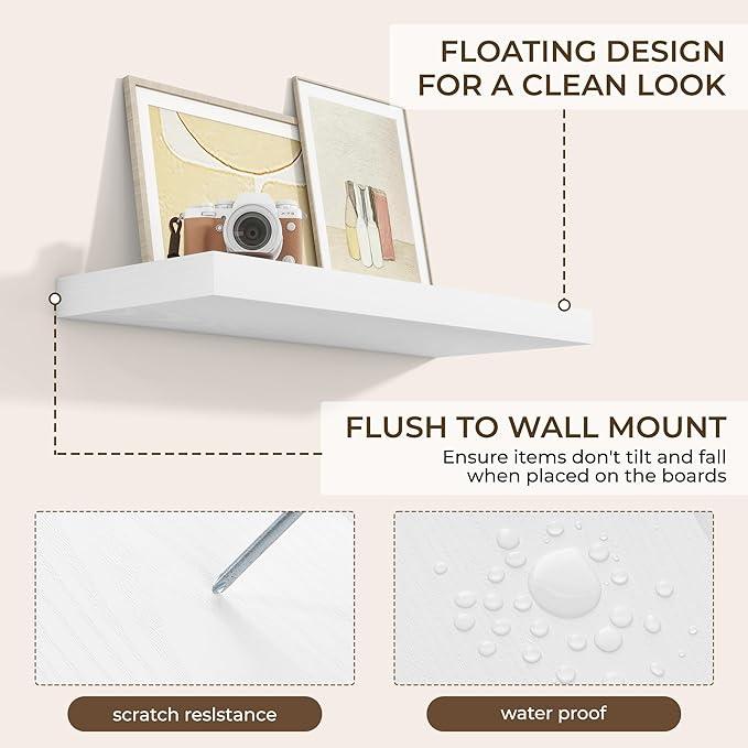 RICHFOCUS 31.5Inch Floating Shelves for Wall 2 Pack Shelves for Bedroom|Kitchen|Bathroom Wall Mounted Rustic Wood Floating Shelf with Invisible Brackets for Books|Storage|Decor, White