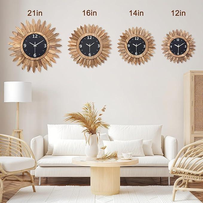 Honiway 14 Inch Wall Clock, Rustic Wood Boho Sunburst Decorative Wall Clocks Battery Operated Silent Non Ticking Farmhouse Small Wall Clocks for Living Room Kitchen Bedroom Home Decor (Rustic Brown)