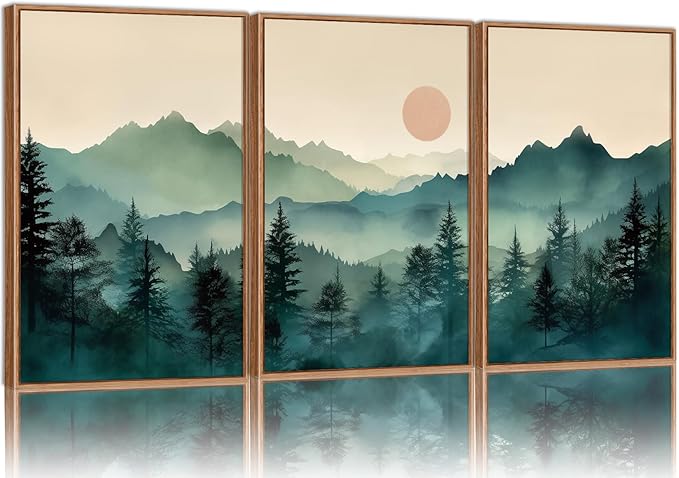 SIGNINART Large Mountain Framed Canvas Wall Art Set, Abstract Misty Forest Wall Decor, Foggy Nature Pine Tree Wall Painting, Modern Boho Sunrise Art Prints for Bedroom Living Room and Office 24