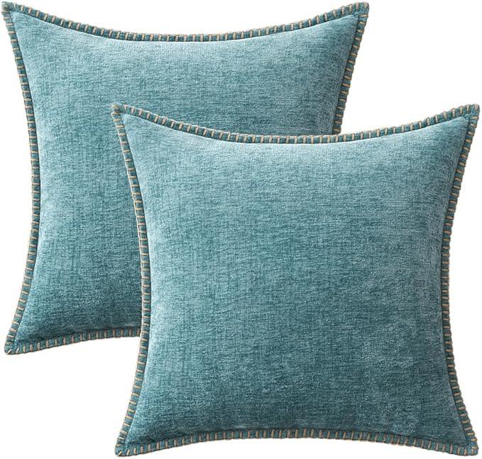 MIULEE Pack of 2 Couch Throw Pillow Covers 18x18 Inch Coastal Smoke Blue Farmhouse Decorative Pillow Covers with Stitched Edge Soft Chenille Solid Dyed Spring Pillow Covers for Sofa Bed Living Room