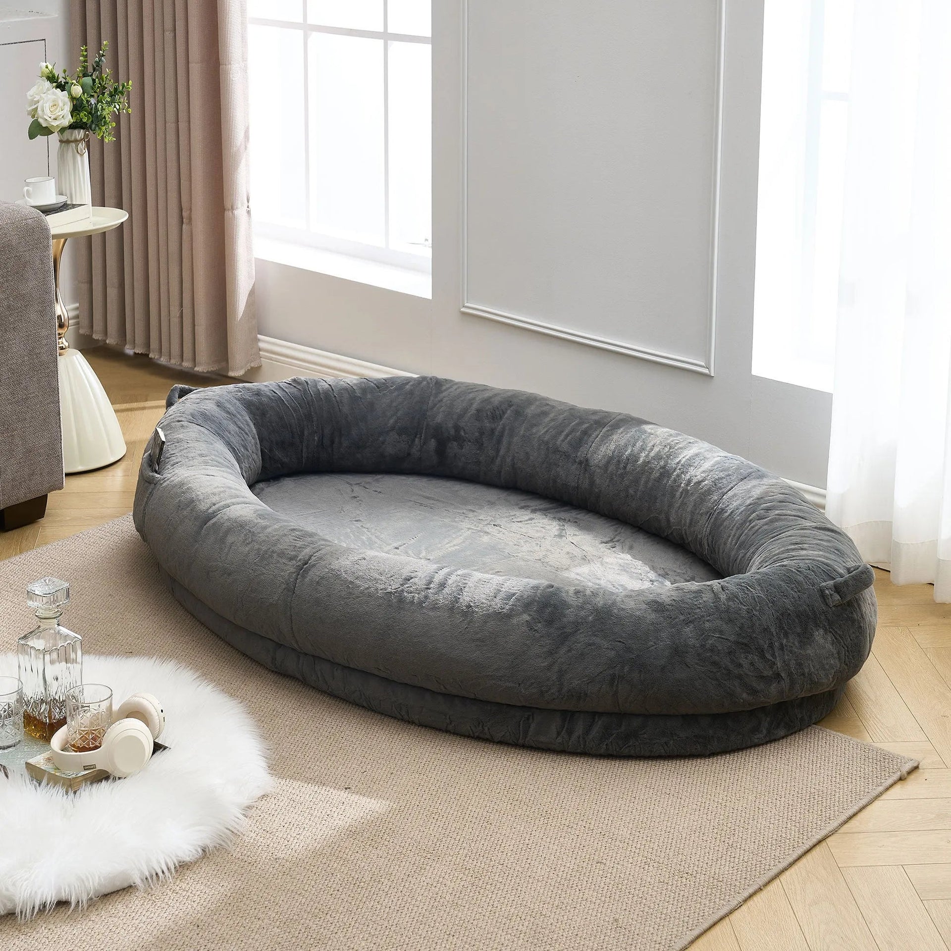 🇫🇷🇪🇪 🇸🇭🇮🇵🇵🇮🇳🇬 Human Dog Bed for Adult, Memory Foam Human Size Pet Bed for Human With Storage Pocket, Dark Gray