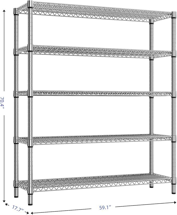 2200 Lbs 5 Tier Storage Rack Metal Wire Shelving Unit, Storage Standing Shelf Organizer for Laundry Bathroom Kitchen Pantry Closet Garage, Chrome 17.7
