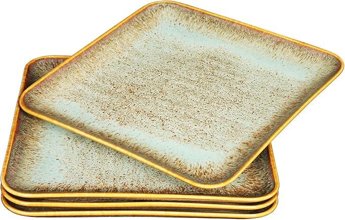 Ceramic Dinner Plates Dish Set,Set of 4,for Lunch snacks -Microwave Oven & Dishwasher Safe,Scratch Resistant,Dinnerware Kitchen Porcelain Serving Dishes,9 inch Square