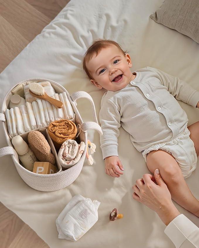 Blissful Diary Baby Diaper Caddy Organizer, Cotton Rope Diaper Caddy Basket, Oval Storage Basket, Gift for Baby Shower, Newborn Essentials, Beige