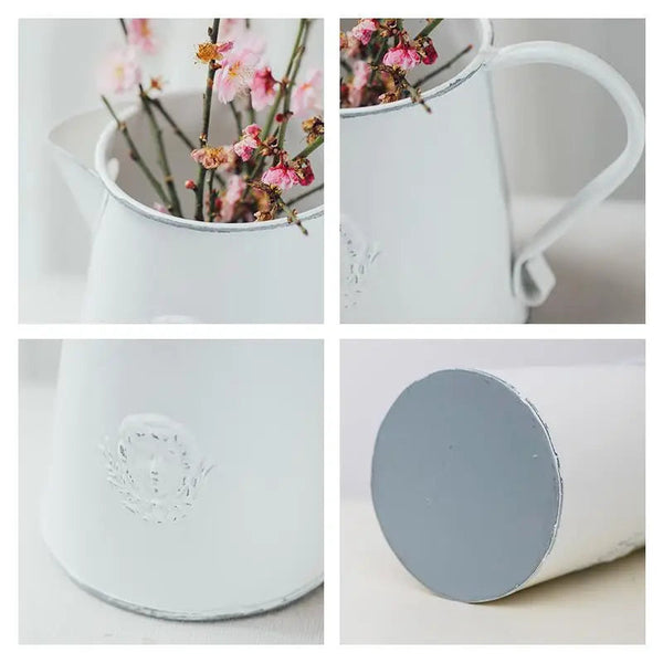 Vintage Style Rustic White Metal Flower Pitcher Vase VagabondVintage