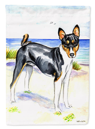 Tricolor Basenji at the beach Garden Flag – Decorative Outdoor Yard Flag