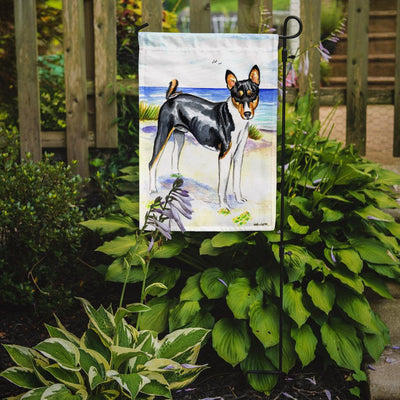 Tricolor Basenji at the beach Garden Flag – Decorative Outdoor Yard Flag