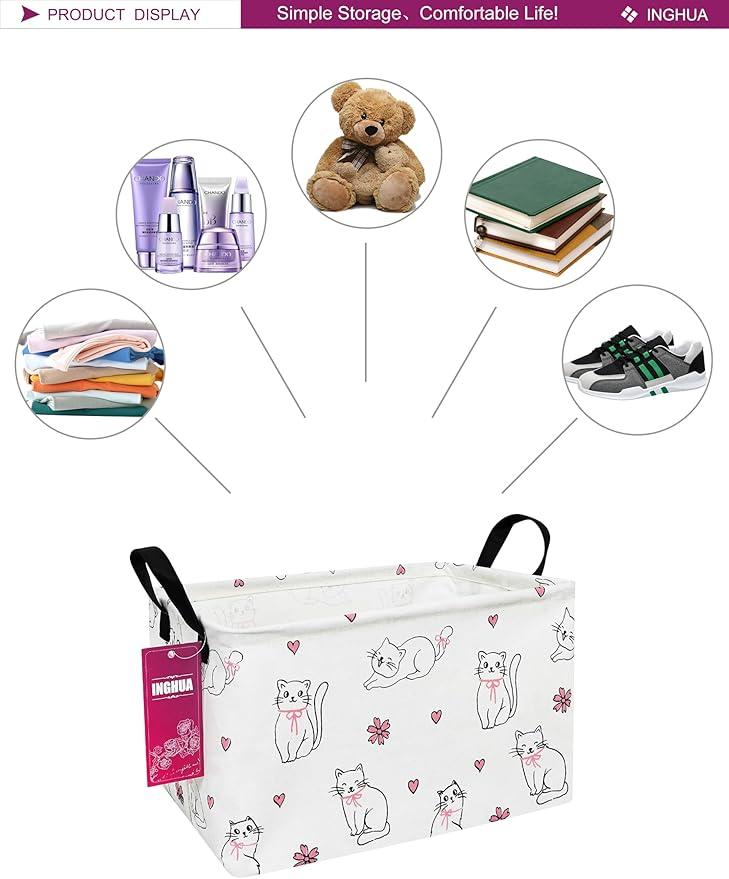 Rectangular Storage Basket Fabric Organizer Bin for Toys,Books,Clothes,Gifts,Pets-Perfect for Home,Office,Nursery,Dorm,Shelf(Rec-Love cat )