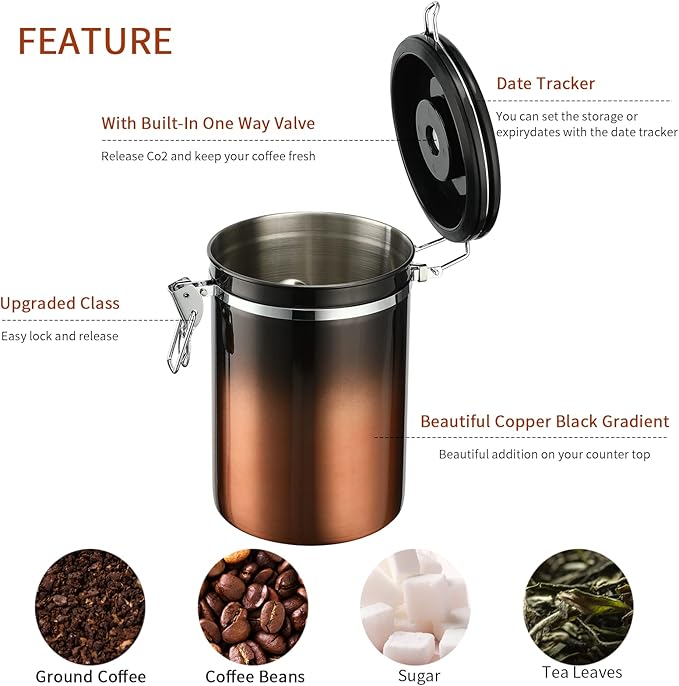 malmo Coffee Canister, Airtight Coffee Container with Date Tracker Lid, Stainless Steel Canister for Kitchen Food Storage (Black-Copper, 16oz)