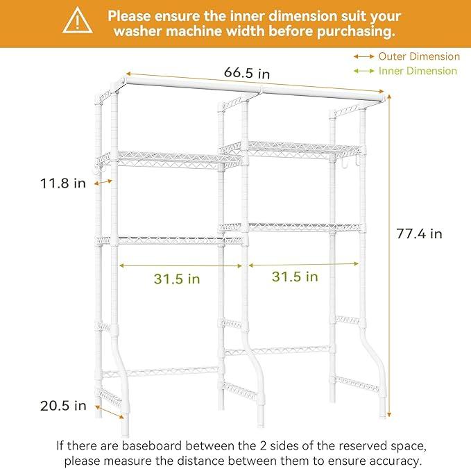 U14 Over Washer and Dryer Storage Shelves, 4 Tiers Laundry Room Storage and Organizer System, Space Saving Clothes Drying Rack with 2 Clothes Hanger Rods, 66.5