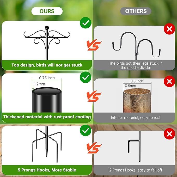 Shepherds Hooks for Outdoor, 2 Pack 108 Inch Heavy Duty Bird Feeder Pole with 5 Prongs Base, Adjustable Shepherds Hook for Hanging Birdhouses, Lanterns, Plant Baskets, Wind Chimes