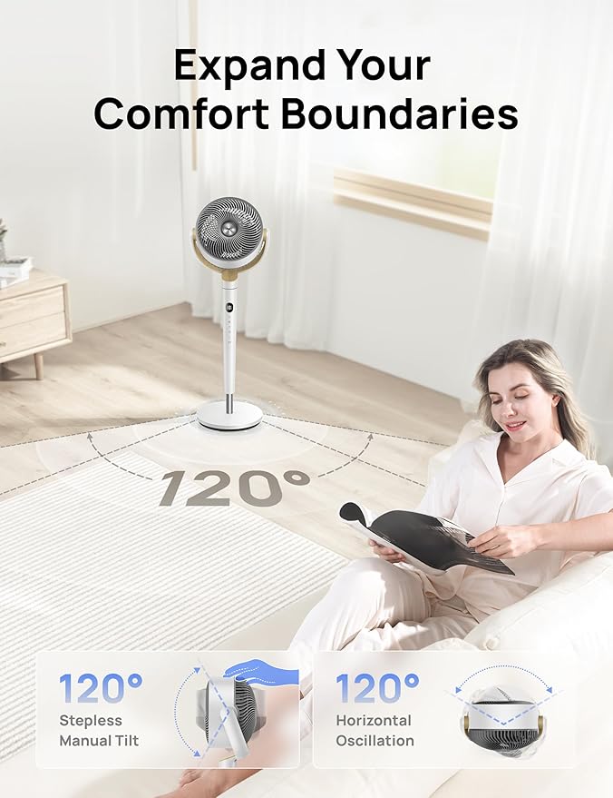 Dreo Fan for Bedroom, 120° Oscillating Standing Fan, Quiet Pedestal Fan with DC Motor, 9 Speeds, 4 modes, 20dB, 120° Manual Vertical, 37-42