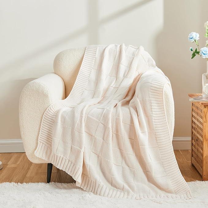 CozeCube Check Knit Throw Blanket, Cream White Checkered Throw for Couch, Decorative Christmas Soft Cozy Warm Knitted Blanket for Bed Sofa Living Room, 50