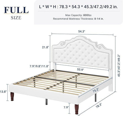 Allewie Full Size Bed Frame with Adjustable Velvet Tiara Headboard, Upholstered Diamond Button Tufted Platform Bed, Wood Slats Support, No Box Spring Needed, White