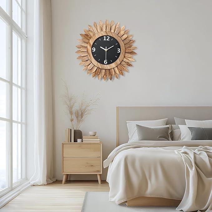 Honiway 14 Inch Wall Clock, Rustic Wood Boho Sunburst Decorative Wall Clocks Battery Operated Silent Non Ticking Farmhouse Small Wall Clocks for Living Room Kitchen Bedroom Home Decor (Rustic Brown)