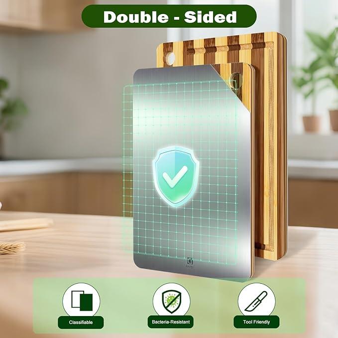 Titanium Cutting Board for Kitchen, Cutting Board Double Sided Food Grade, Pure Titanium and Natural Bamboo, with Deep Juice Grooves, Large Size 15.6”×11”