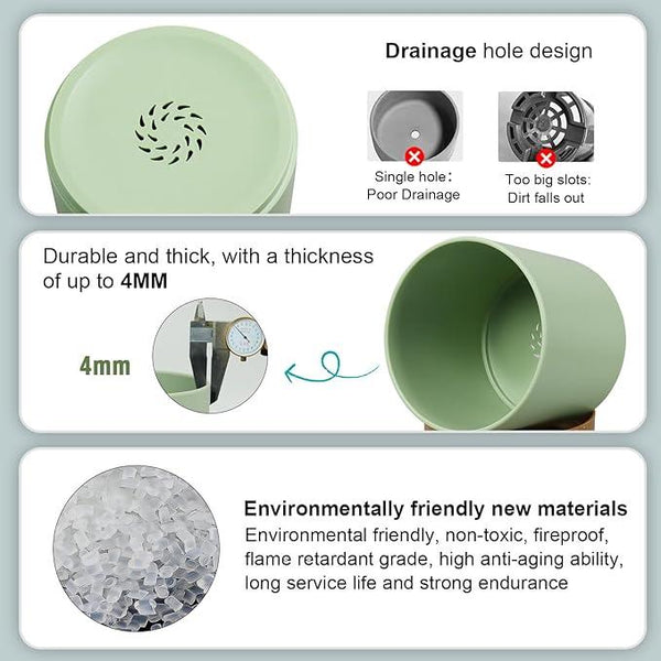 3 Pack 6/5/4 inch Cylindrical Flower Pots, Modern Small Round Plastic Plant Pots with Drainage Holes & Saucers, Clean and Refined Planter Pots for Outdoor, Indoor & Office Decor (Green Brown)
