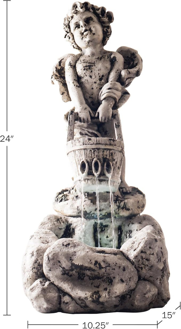 Outdoor Water Fountain With LED Lights, Lighted Cherub Angel Fountain With Antique Stone Design for Decor on Patio, Lawn and Garden By Pure Garden 10.25x15