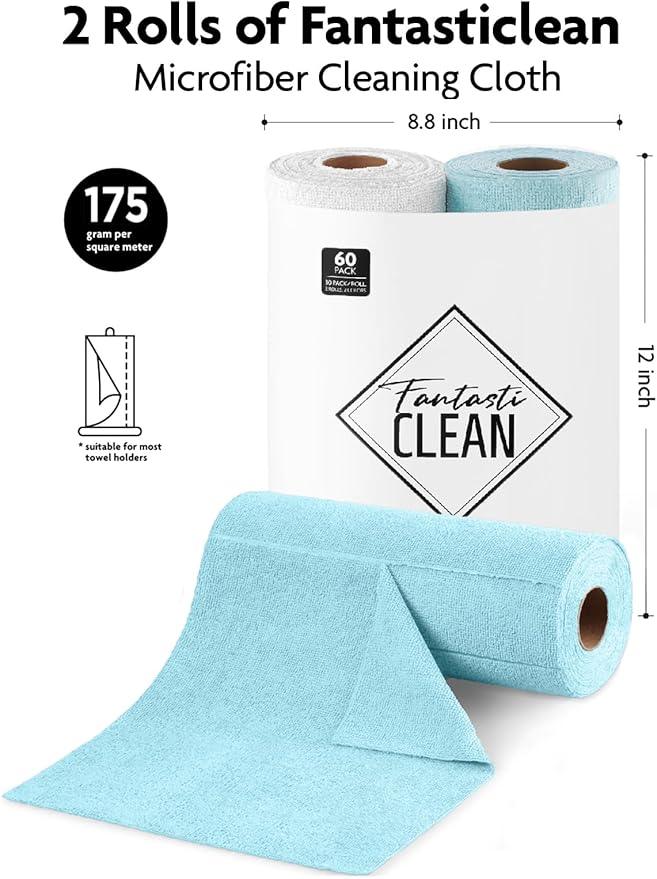 Fantasticlean Microfiber Cleaning Cloth Roll -60 Pack, Tear Away Microfiber Towels, 12