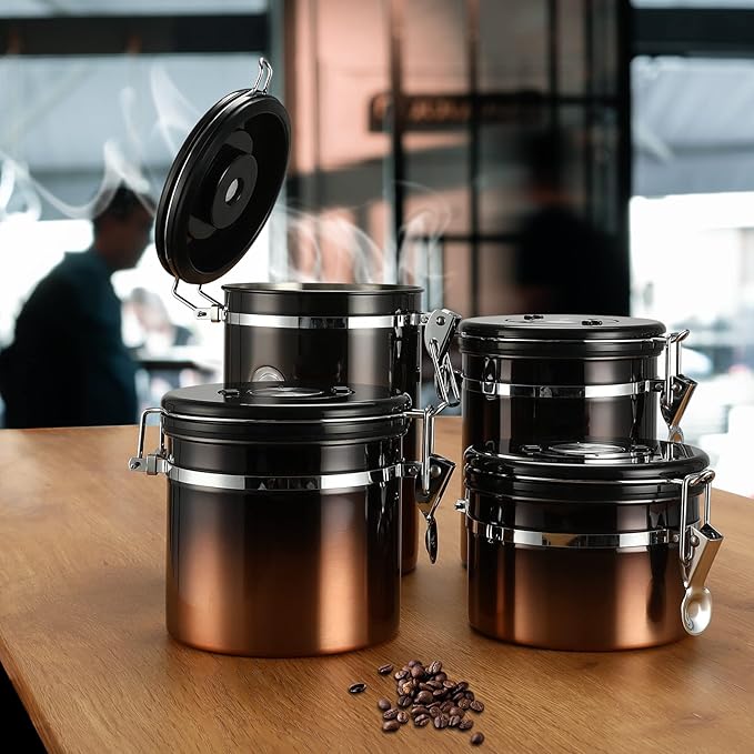 malmo Coffee Canister, Airtight Coffee Container with Date Tracker Lid, Stainless Steel Canister for Kitchen Food Storage (Black-Copper, 16oz)