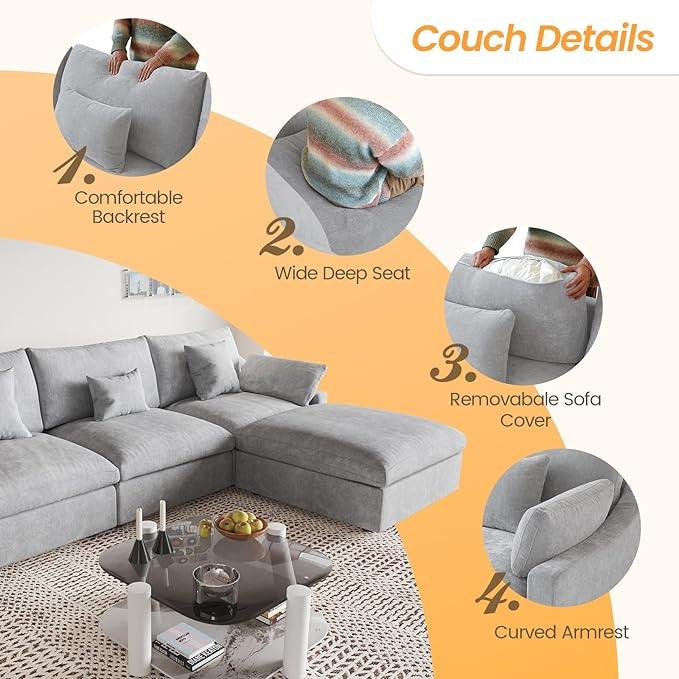 JACH U Shaped Sectional Couches, Cloud Sectional Couch with Deep Seat, 119