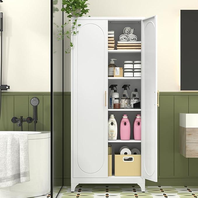 Metal Storage Cabinet with Doors and Shelves, 75 Inch Tall Kitchen Pantry Cabinet, Pantry Cabinets for Kitchen Storage, Freestanding Cupboard for Living, Dining Room, White, Assembly Required