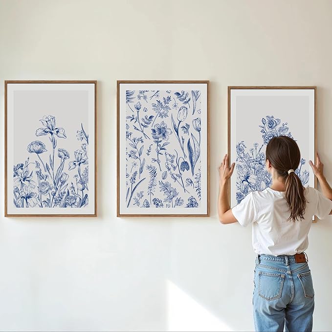 SIGNINART Classic Chinoiserie Framed Canvas Wall Art Set, Blue and White Floral Art Painting, Minimalist Botanical Flower Artwork, Navy Blue Wall Decor for Bedroom, Living Room, Office 16