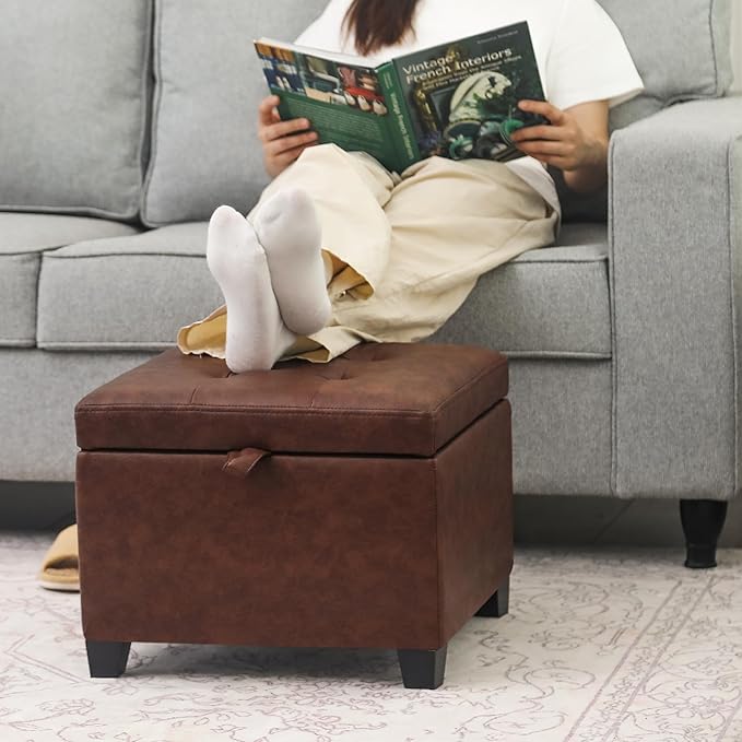 Adeco Faux Leather Storage Ottoman Bench with Wood Legs, 17.7
