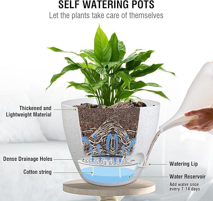 10 inch Self Watering Hanging Planters, 2 Pack Hanging Baskets for Indoor Outdoor Plants, Hanging Flower Pots with Drainage Holes and 2 Kinds of Plant Hangers for Garden Decor, Speckled White
