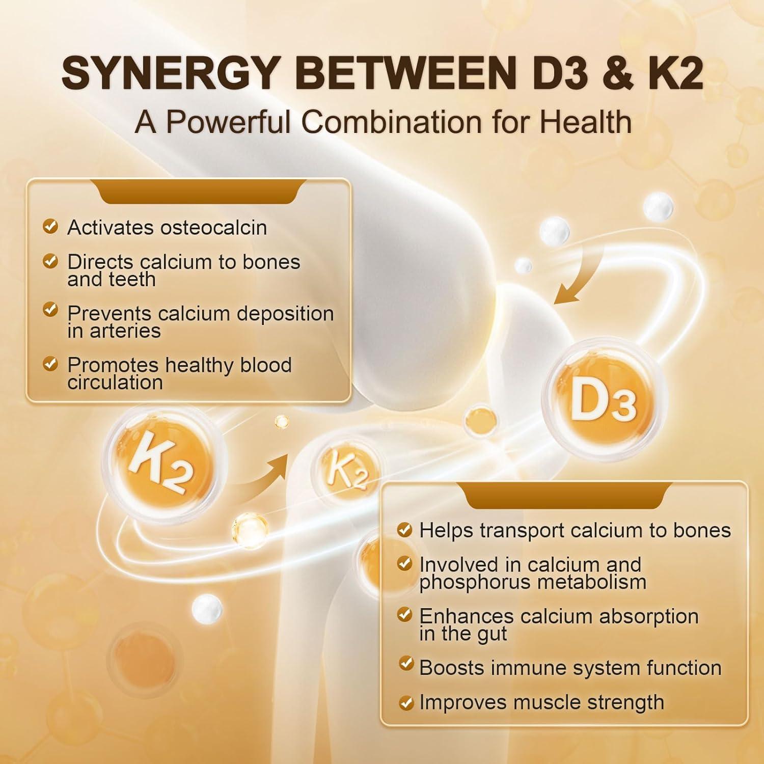 Vitamin D3 K2 Capsules Supplement with Calcium & Magnesium - Max Strength 4 in 1 Formula for Bone, Heart & Immune Support