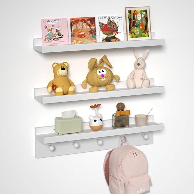 MBYD Picture Shelf Ledge, 24 Inch Floating Shelves for Wall, Nursery Book Shelves with Hooks Set of 3, Floating Shelf Wall Mounted for Bathroom,Kids Room, Living Room, Kitchen Bedroom White