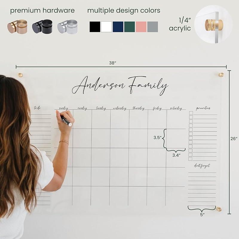 Personalized Clear Acrylic Calendar for Wall, Calendar Whiteboard for Wall, Dry Erase Wall Calendar, Wall Calendar Organizer System for Home (Cursive, Jade, 38