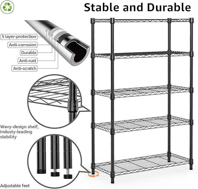 1250 lbs Storage Shelving Utility Shelving Unit 5-Tier Utility Shelving Unit Steel Organizer Wire Rack for Home,Kitchen,Office (13.7