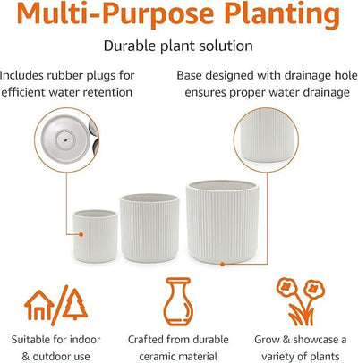Amazon Basics Assorted Sizes Fluted Ceramic Round Indoor Outdoor Planters with Drainage, Set of 3, Modern Design, 6-Inch, 8-Inch, 10-Inch, White