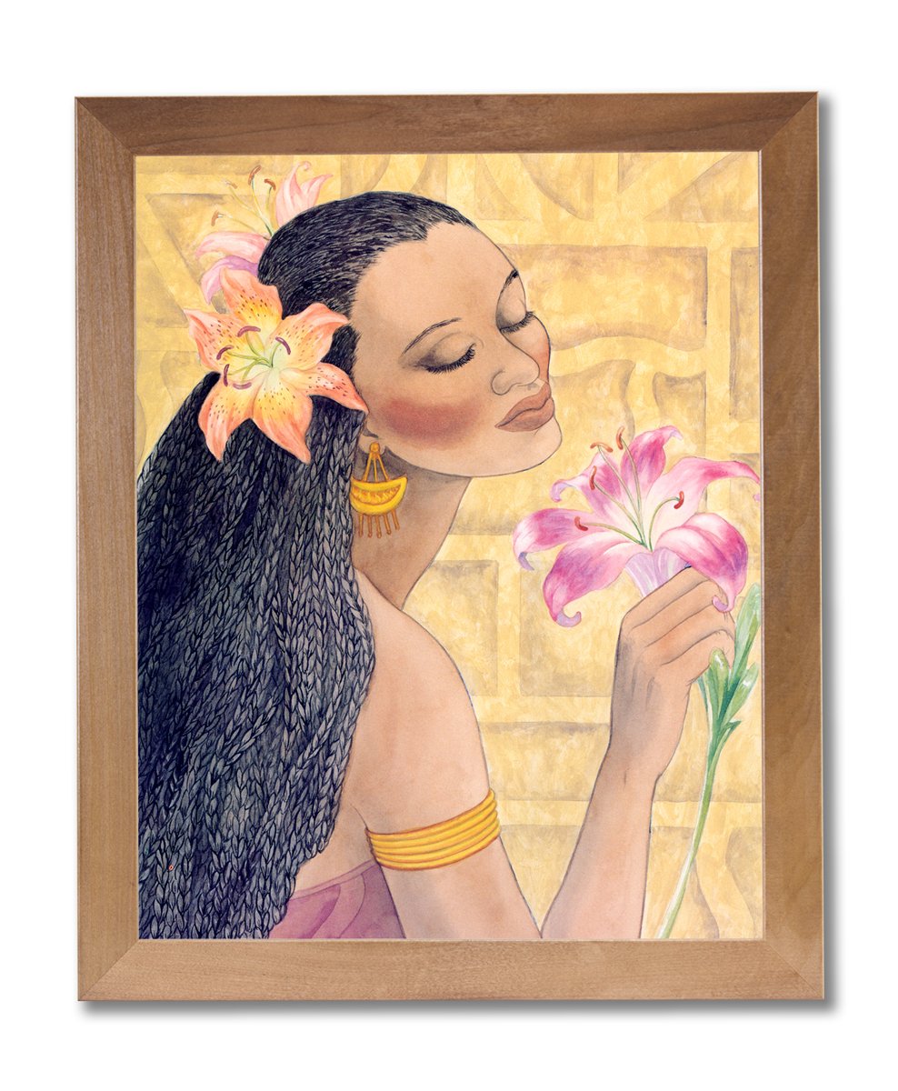 Framed Wall Art - African American Black Girl Print in Honey Wood Frame | Contemporary Decor