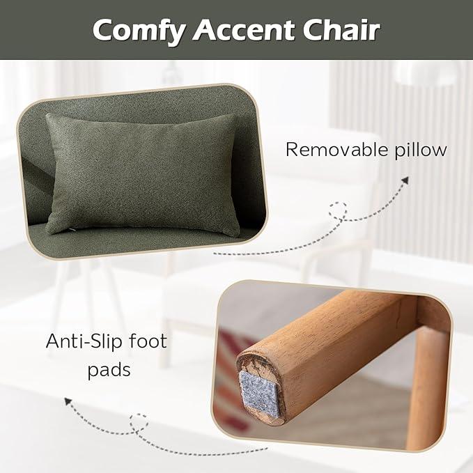 INZOY Mid Century Modern Accent Chair with High Back, Upholstered Living Room Chairs with Waist Cushion, Wood Frame Reading Armchair for Bedroom Sunroom, Green