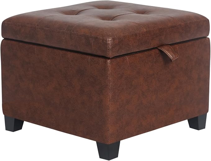 Adeco Faux Leather Storage Ottoman Bench with Wood Legs, 17.7