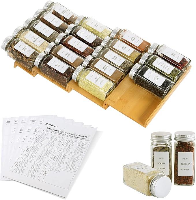 Spice Drawer Organizer with 18 Spice Jars,216 Labels,50 Non-slip Rubber, Bamboo 4 Tier Seasoning Rack Tray Insert for Kitchen Drawers,Cabinets,Countertop,9